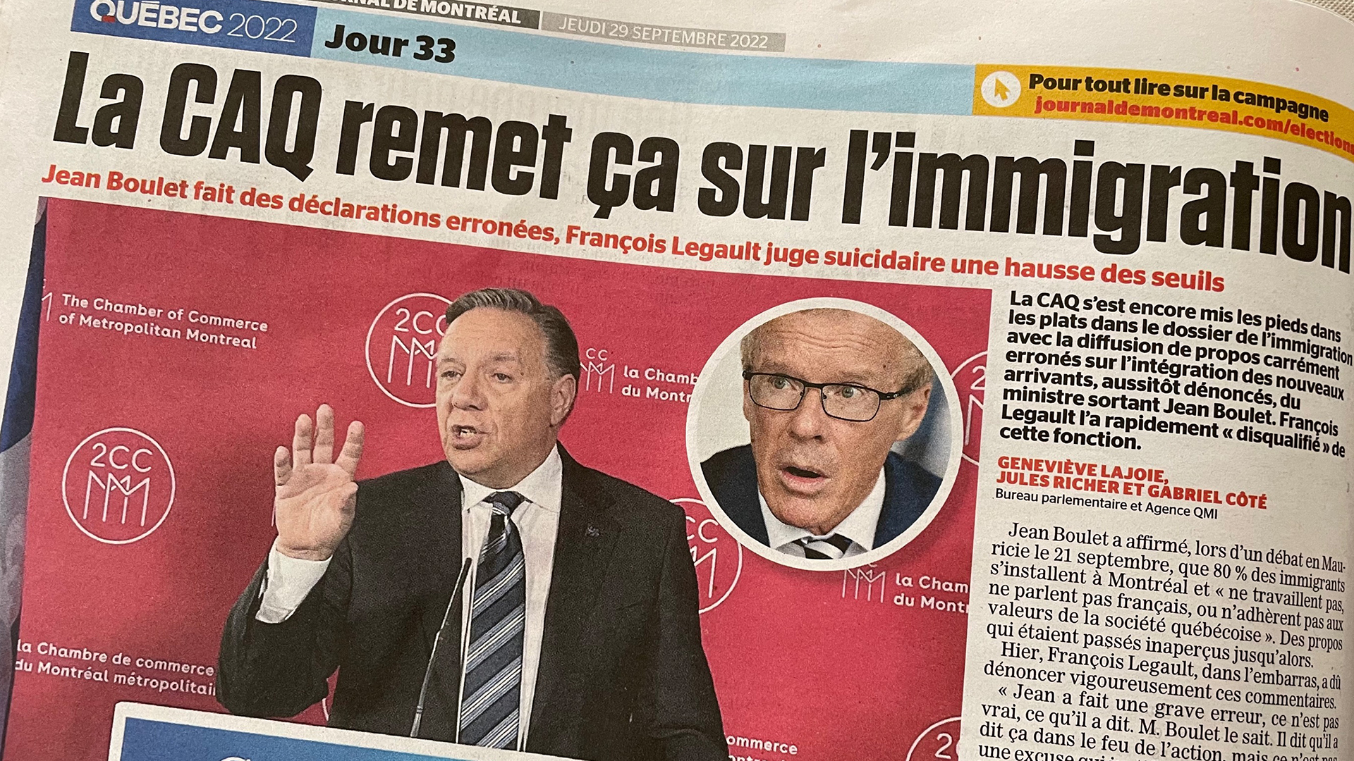 Sur la photo, une manchette du Journal de Montréal, tirée de l'édition du 29 septembre 2022.