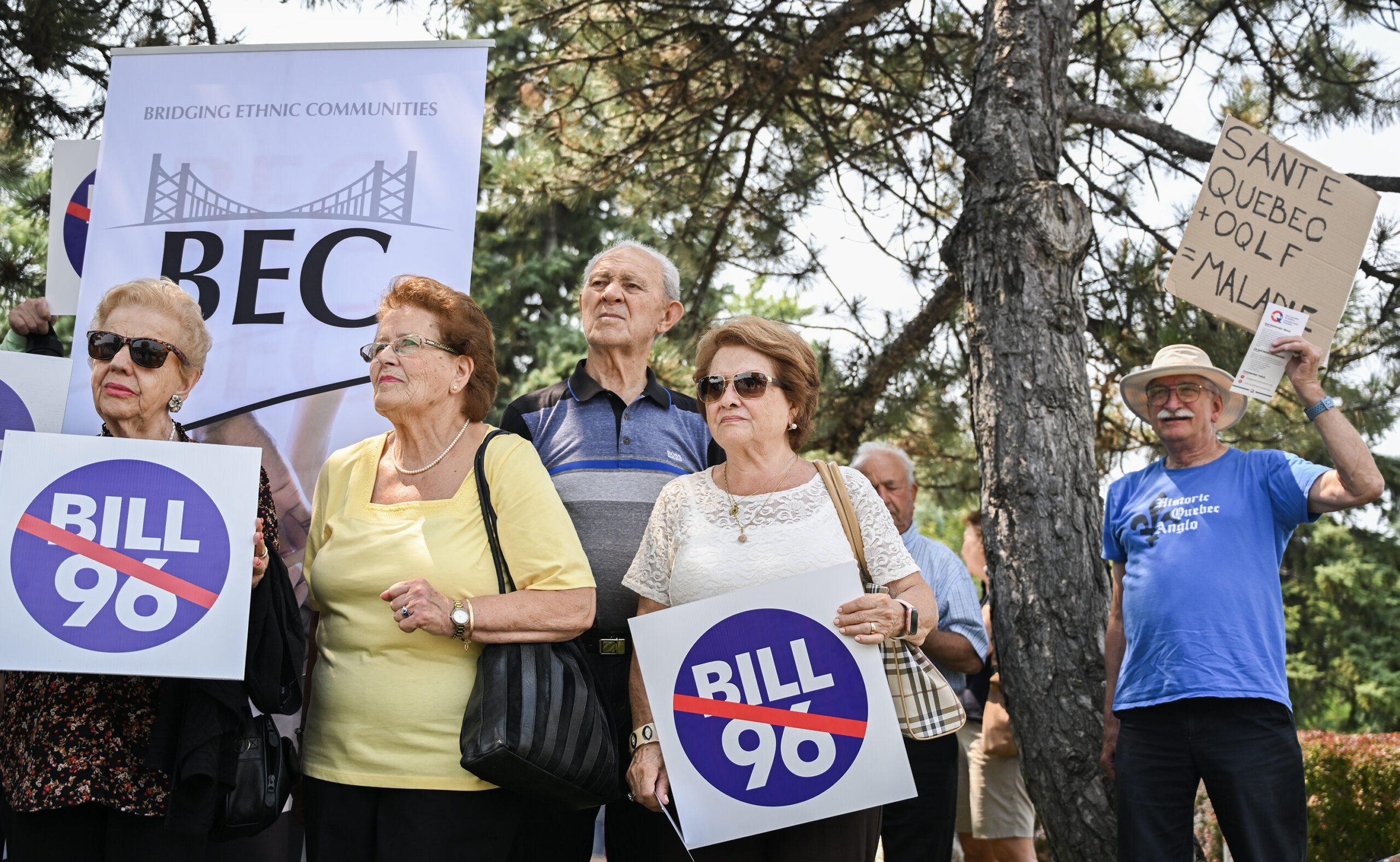 People take part in a protest outside Santa Cabrini Hospital in Montreal, Saturday, July 27, 2024, to denounce new Bill 96 language directives for hospitals and long-term care homes. THE CANADIAN PRESS/Graham Hughes