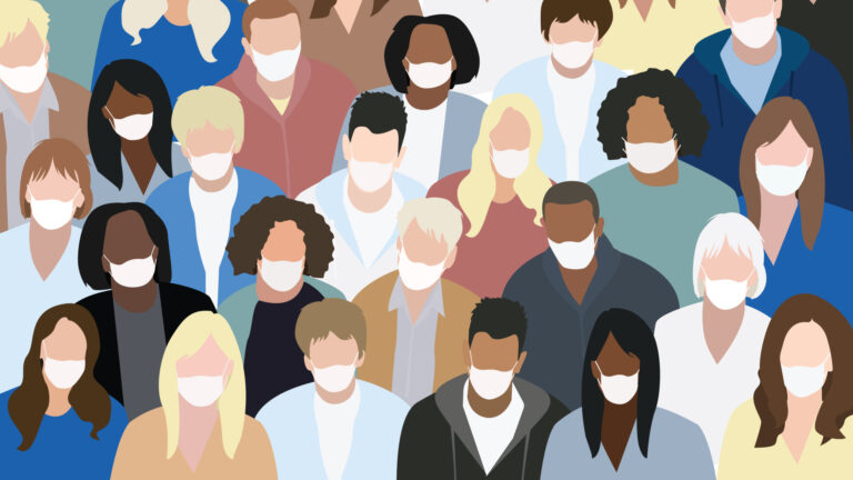A stylized illustration depicting a diverse group of people wearing masks.