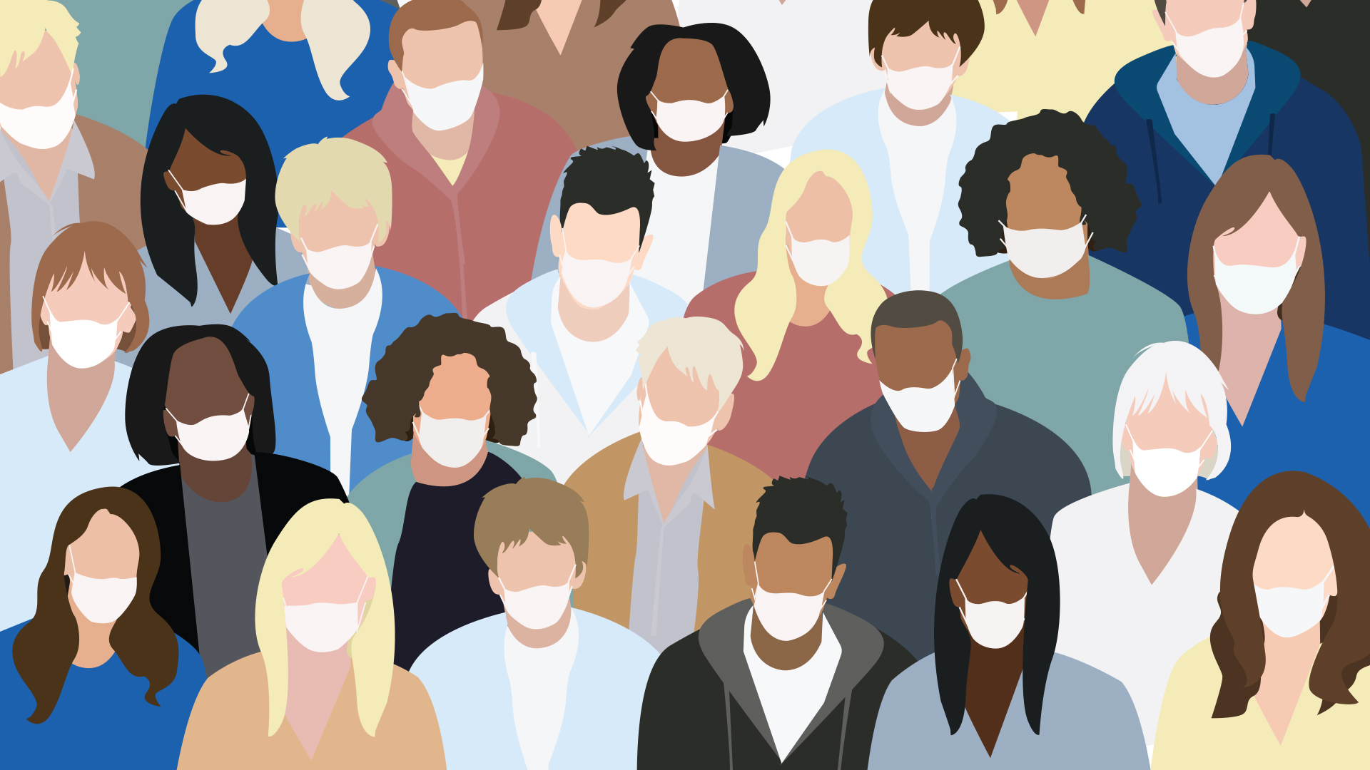 A stylized illustration depicting a diverse group of people wearing masks.