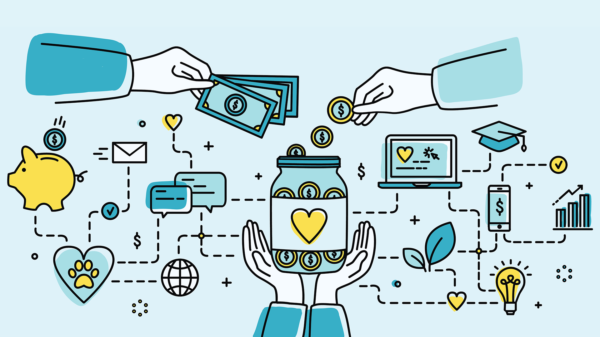 Cartoon depicting a cute money jar with a heart on it, held up by two hands, surrounded by hands with coins and dollar bills, piggy banks and envelopes.