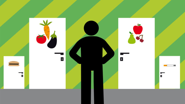 A dark silhouette of a human stands before four doors presenting choices. Two large doors offer fruit and vegetables. Two smaller doors a burger and a cigarette.