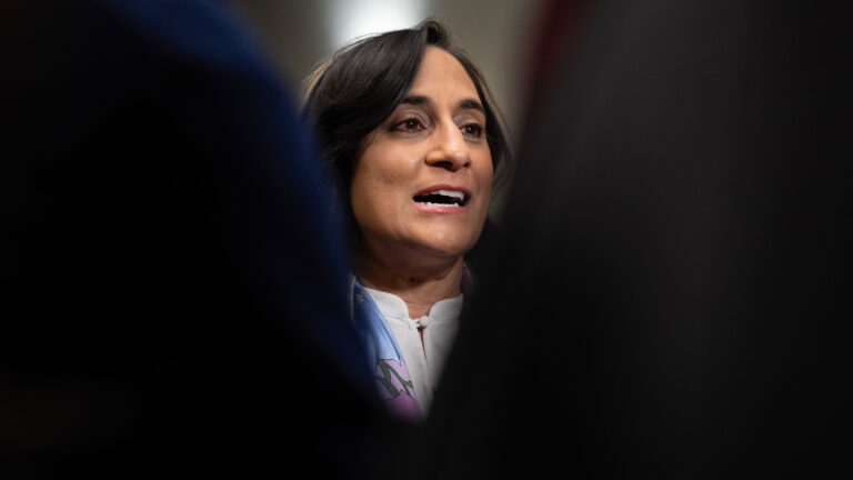 Anita Anand is viewed speaking in a slim space break between two people.