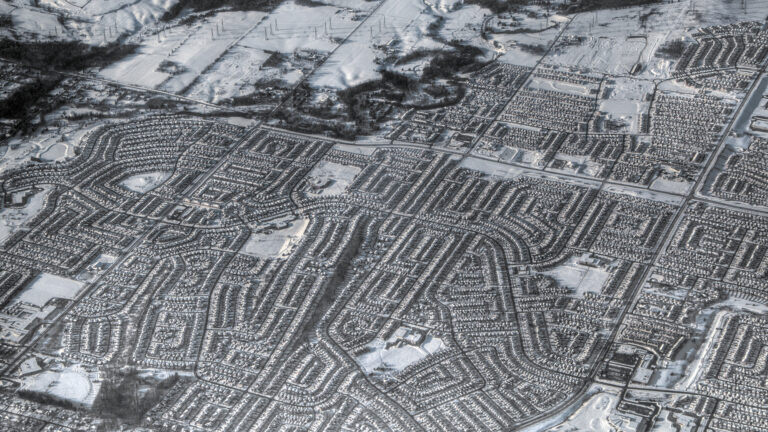 Distant aerial shot of a Toronto suburb in winter.