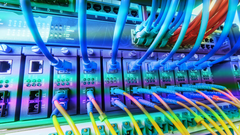 A bank of cables connect to network ports.
