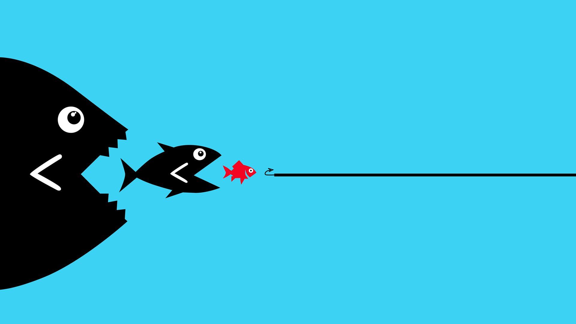 A big fish follows a smaller fish, which follows an even smaller fish.