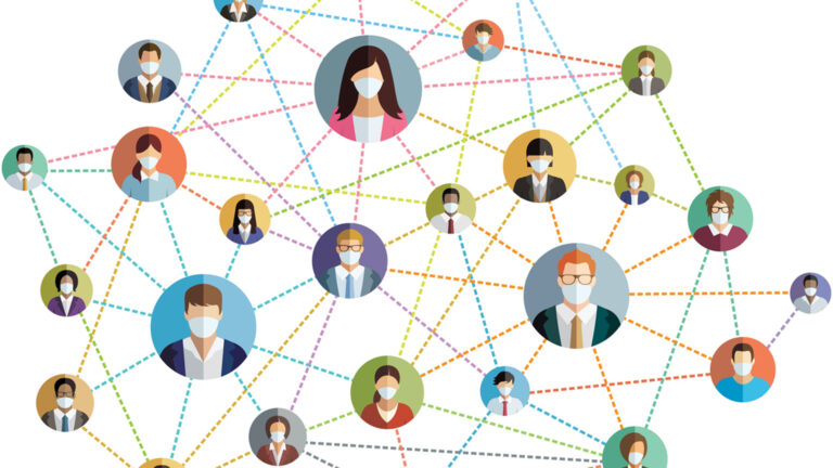 An illustration with faces of people connected by a web of dotted lines. Everyone is wearing a mask.