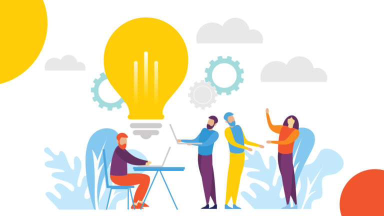 Illustration of four people surrounded by clouds, mechanical gears and a large yellow lightbulb. One man is sitting at a laptop; another is standing, holding a laptop; a third man is talking with a woman.