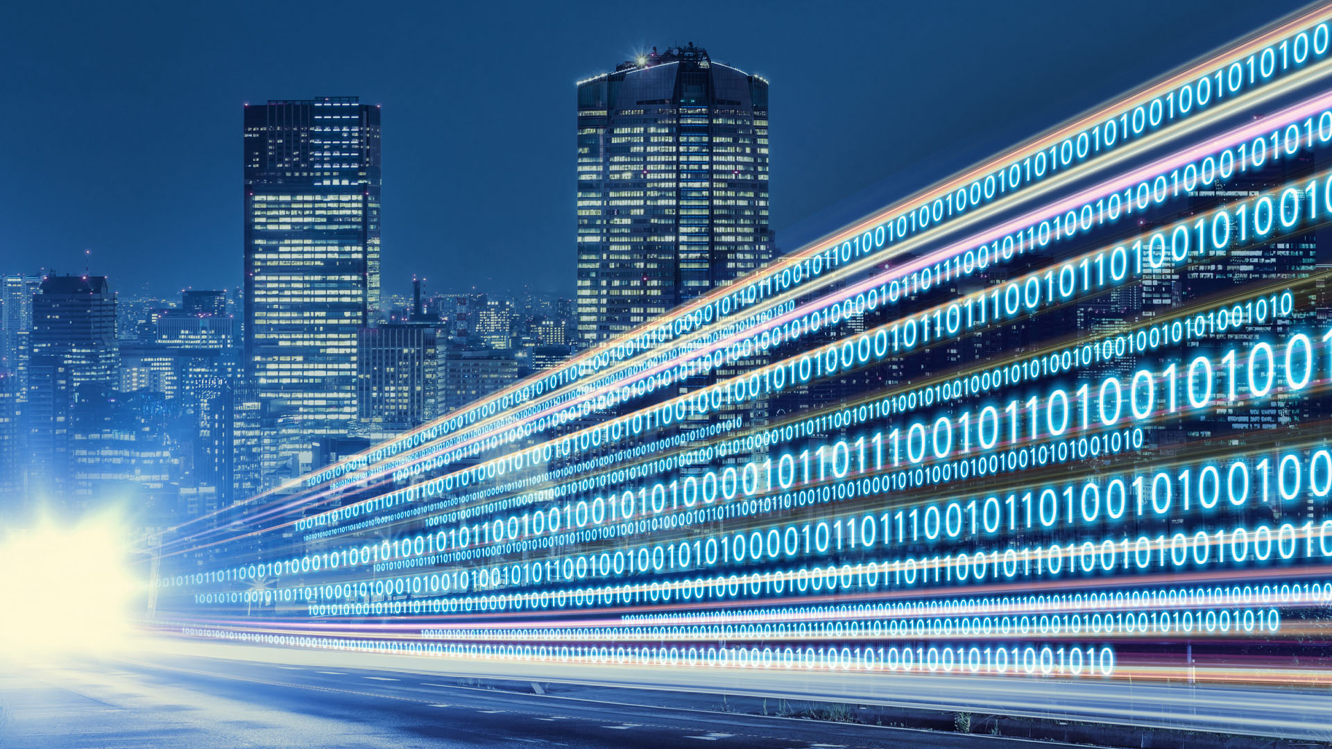 Illustration of an evening city skyline with a bundled stream of zeroes and ones emanating from it.