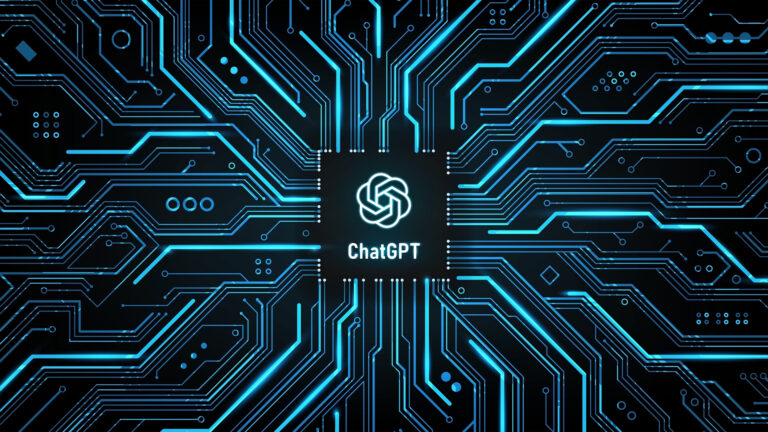 A blue and black illustration depicting a ChatGPT logo at the centre of a circuit board.