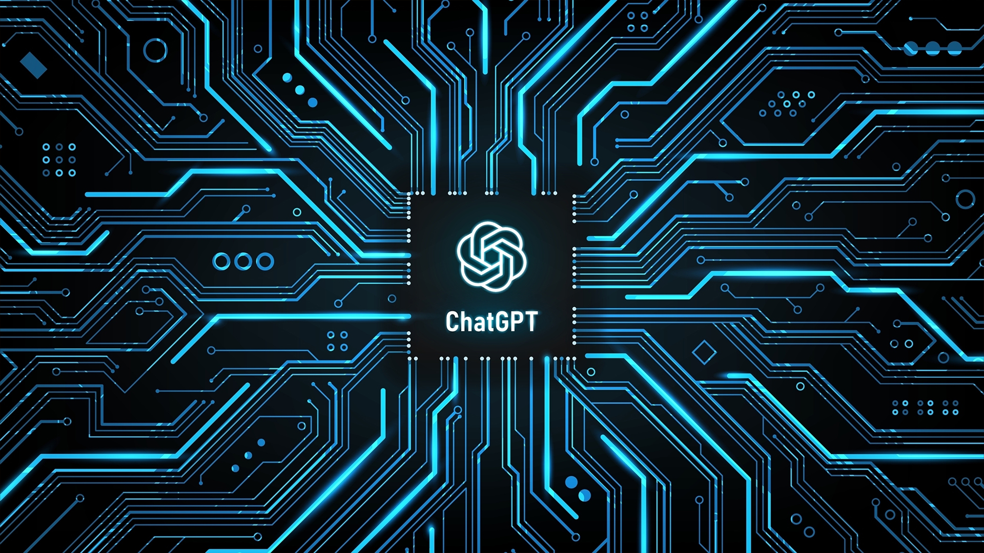 Une illustration bleue et noire représente le logo de ChatGPT au milieu d’un circuit imprimé.
