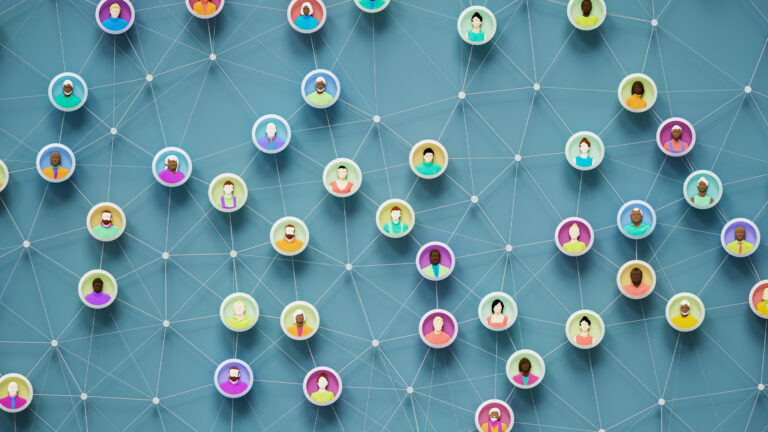An illustration showing a number of networked human figures.