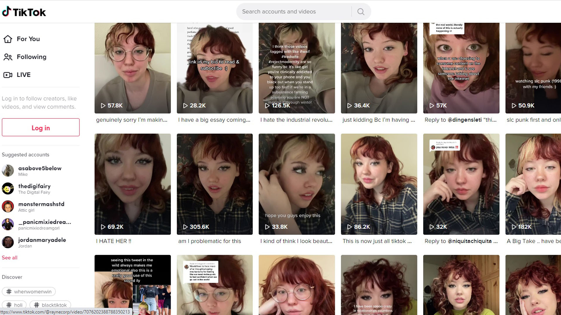 TikTok page showing the face of Rayne Fisher-Quann in 18 thumbnails of her TikTok videos.