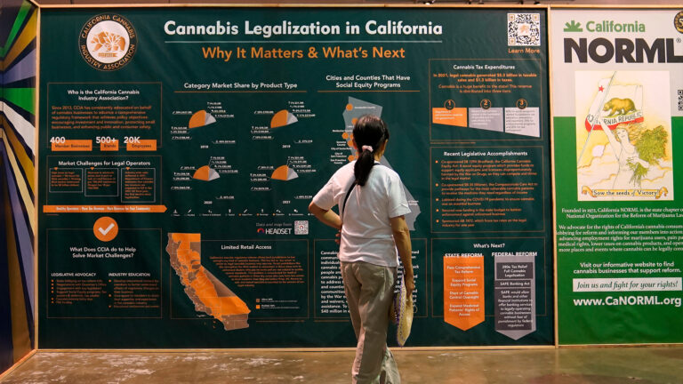 A woman in casual clothing studies a large wall panel full of information and statistics about legalization. The title of the info is “Cannabis Legalization in California: Why it Matters & What’s Next.”