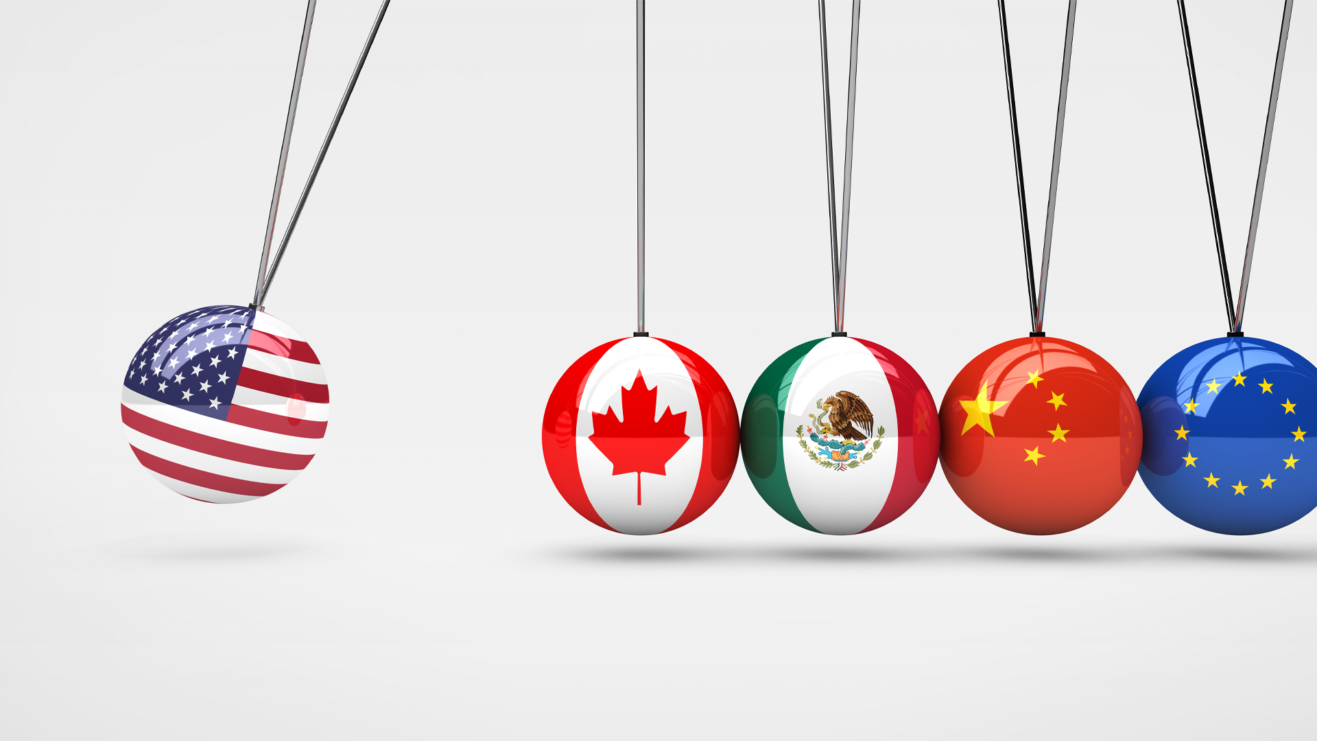 A ball representing the flag of the United States swings toward Canada’s, with Mexico, the E.U. and China on the other side.