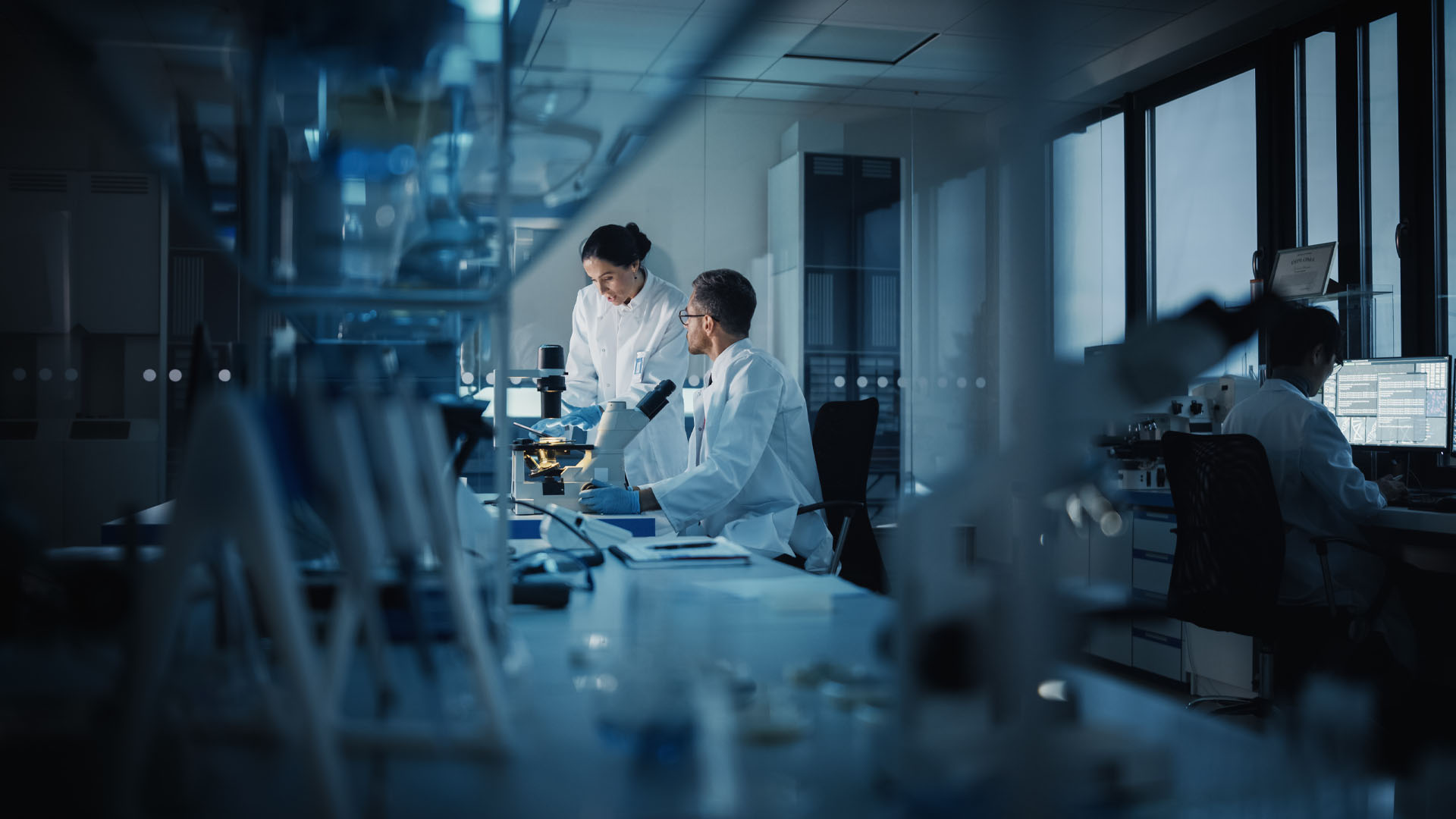 Scientists work in a laboratory.