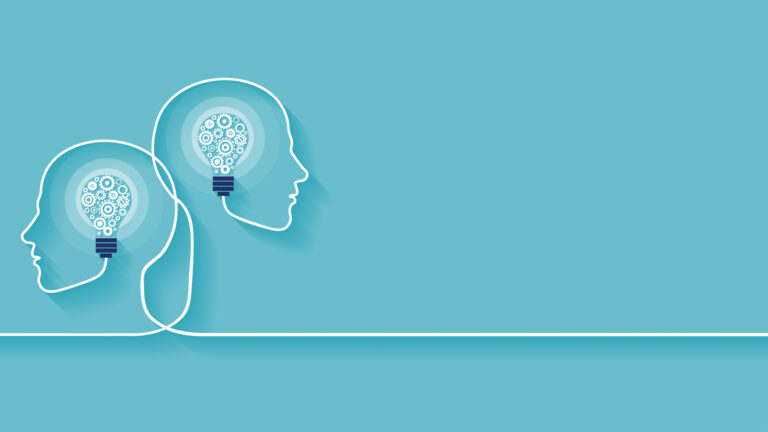 Illustration showing the outline of two heads back-to-back. The outline is meant to be a white power cord. It traces the shape of each face and ends with a stylized lightbulb in the middle of each head. The lightbulbs are made up of a cluster of tiny gears. The background for the illustration is turquoise.