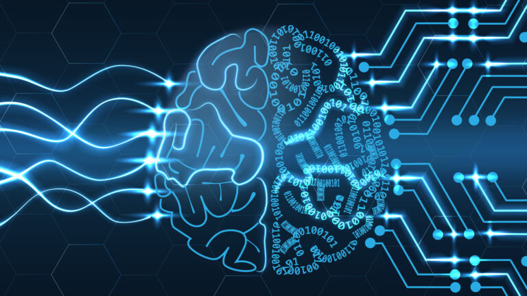An abstract illustration of a brain, waves and digits drawn in shades of blue.