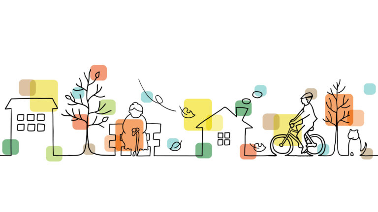 A line drawing of an older woman sitting on a bench with a cane. The outlines of homes and a tree with a few leaves sit on either side of her. A cyclist approaches from the right.