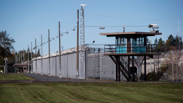 A prison fence with razor wire along the top and a low guard tower in the corner stand against the green lawn outside and the blue sky above.
