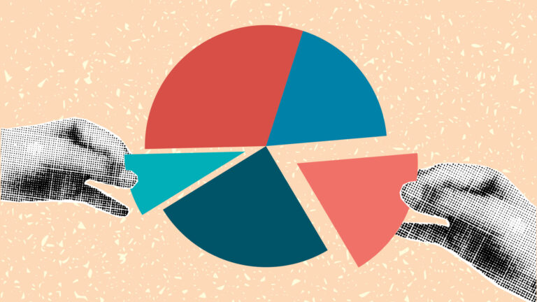 Illustration of a pie chart in blues and orange, divided into five slices, two of which are being taken out by two hands.