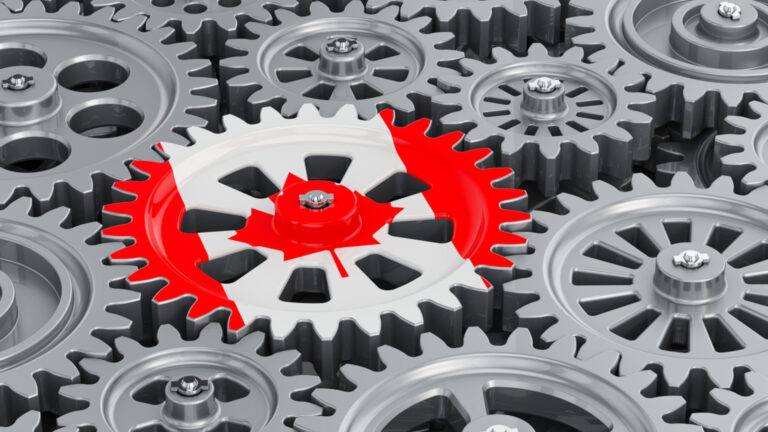 An illustration using a series of cogs, with one painted like a Canadian flag.