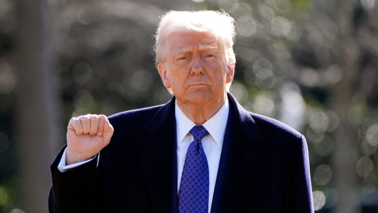 A portrait of Donald Trump with his fist raised.