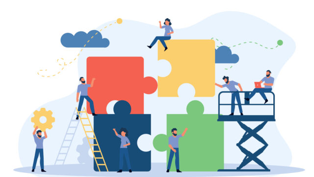 Illustration of seven men and women standing around, sitting on or climbing four larger-than-life-size square puzzle pieces that they are trying to work together to make fit.