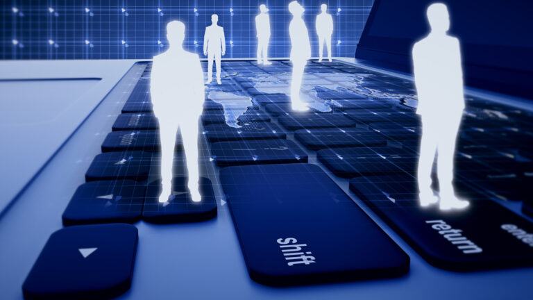 In this illustration, small human silhouettes are shown standing on an oversized keyboard. They appear to be waiting for something.