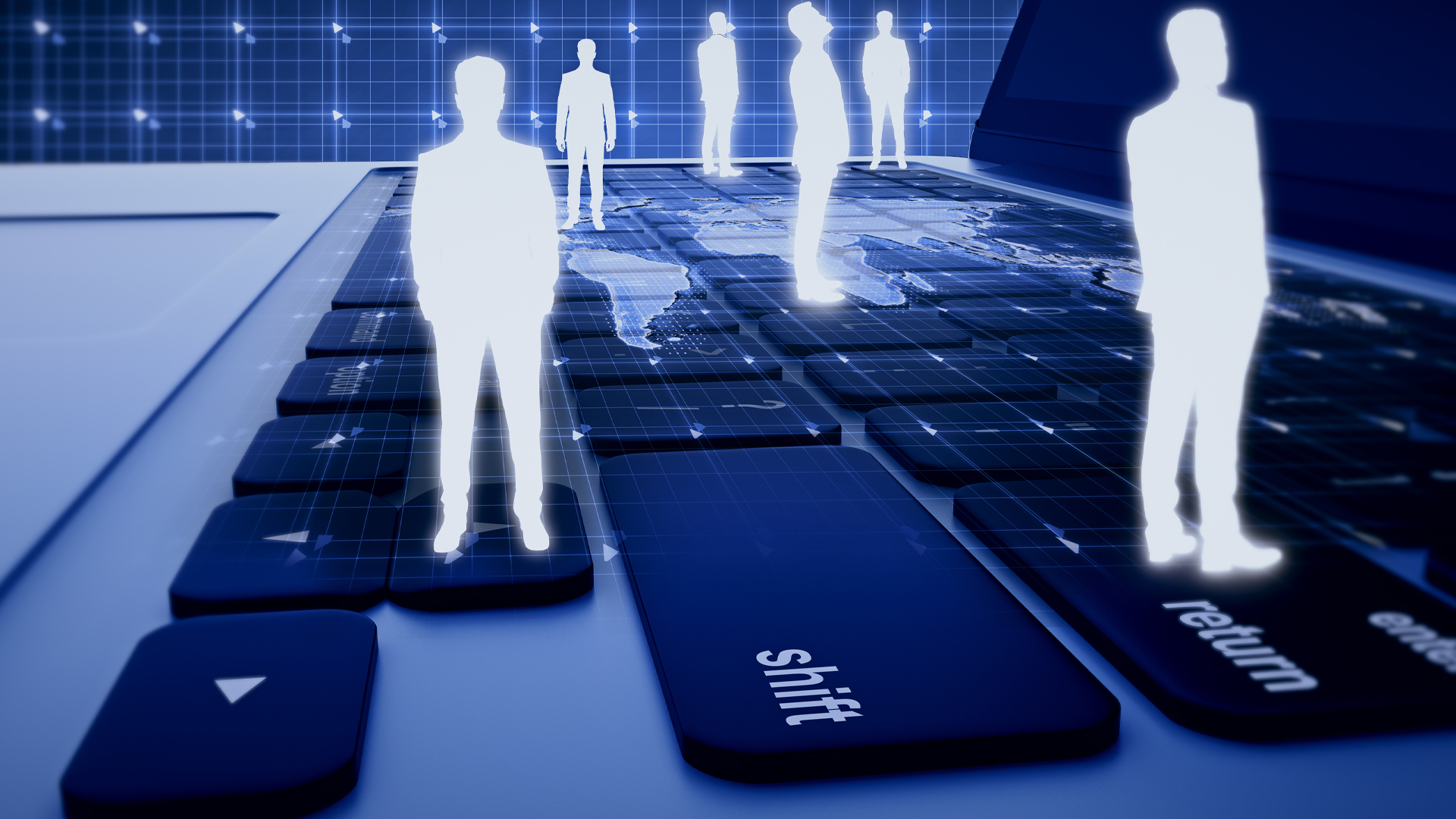 In this illustration, small human silhouettes are shown standing on an oversized keyboard. They appear to be waiting for something.