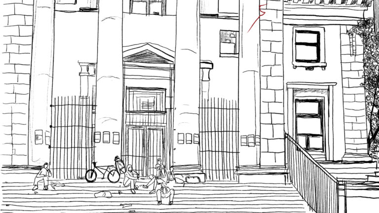 Pen-and-ink drawing of the front steps that run the length of a brick building with four columns. On the steps are four people sitting. One has a bike.
