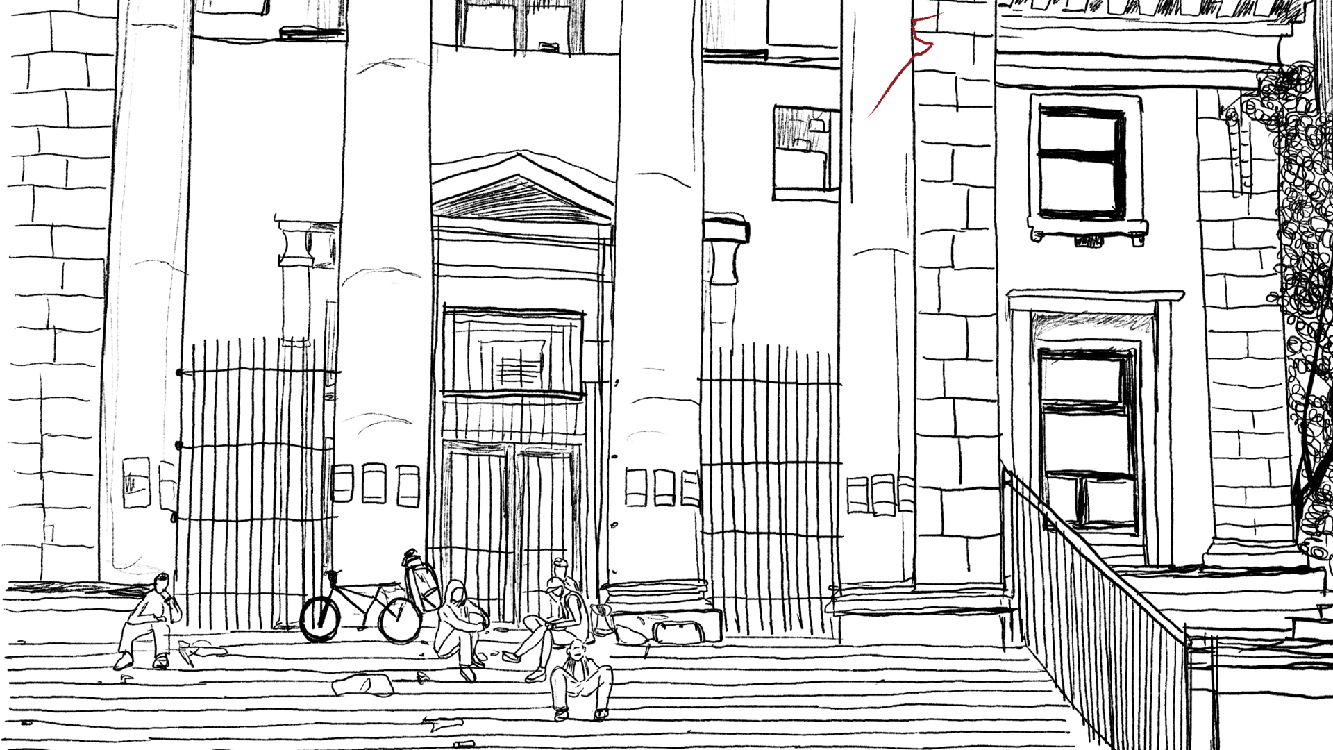 Pen-and-ink drawing of the front steps that run the length of a brick building with four columns. On the steps are four people sitting. One has a bike.