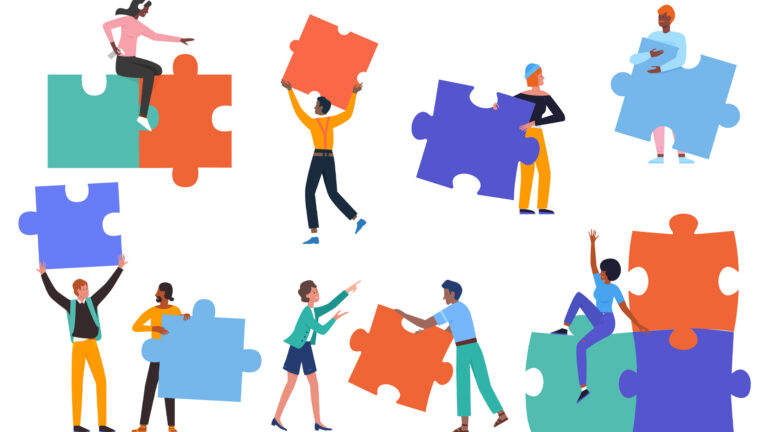 Cartoon drawing of half a dozen men and women holding large, interlocking puzzle pieces.