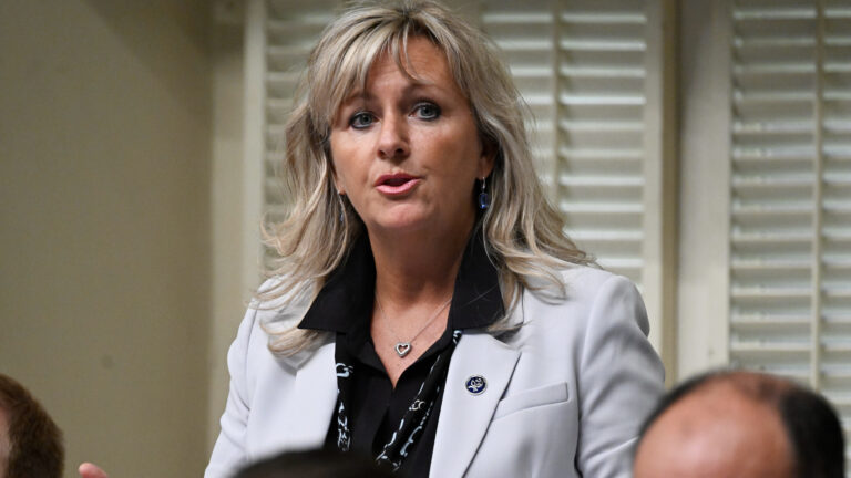 La ministre des Affaires municipales Andrée Laforest prend la parole durant la période des questions au Salon bleu de l’Assemblée nationale.