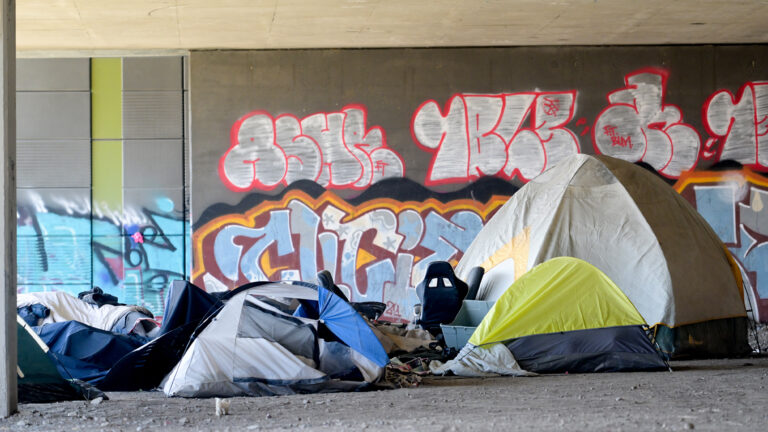 Three tents are shown in front of the concrete support of an overpass which is covered in graffiti.
