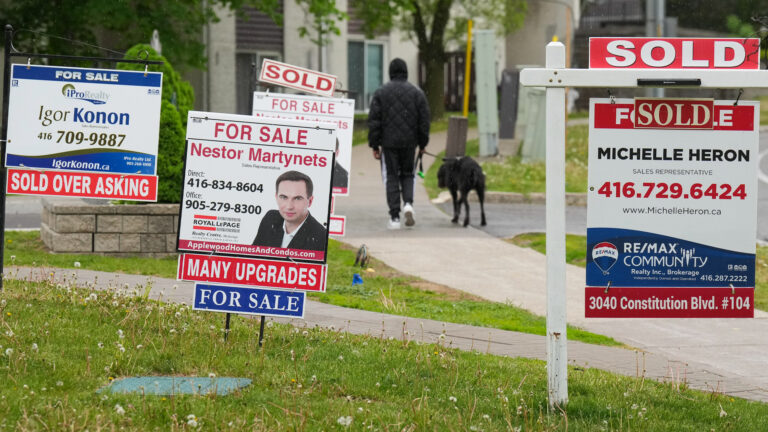 A person is walking their dog down a street where several properties are for sale. Four estate agents' signs can be seen on a small plot of land.