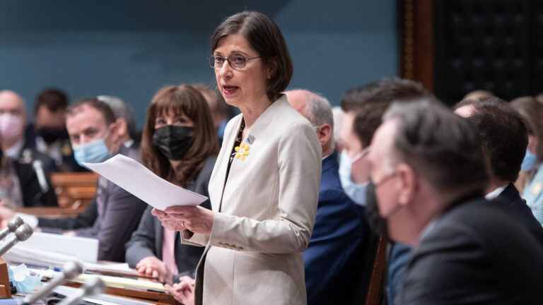 La ministre de l’Enseignement supérieur, Danielle McCann, s’adressant aux députés réunis au Salon bleu, le 6 avril 2022.
