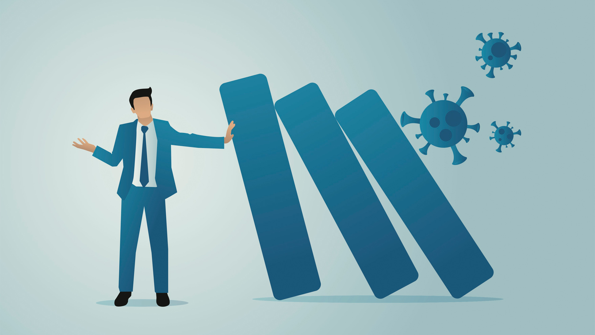 Illustration of a man leaning against dominoes.
