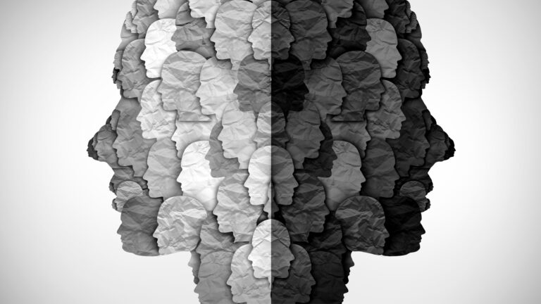 Illustration of many faces, some light, some in silhouette.