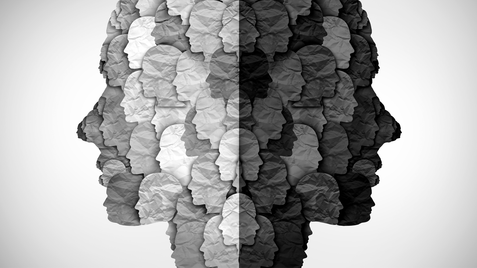 Illustration of many faces, some light, some in silhouette.