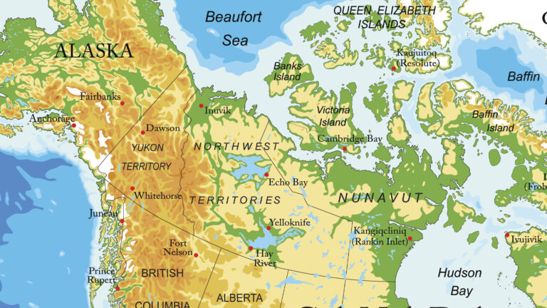 A map of Alaska and northern Canada showing the Beaufort Sea at the boundary between them.