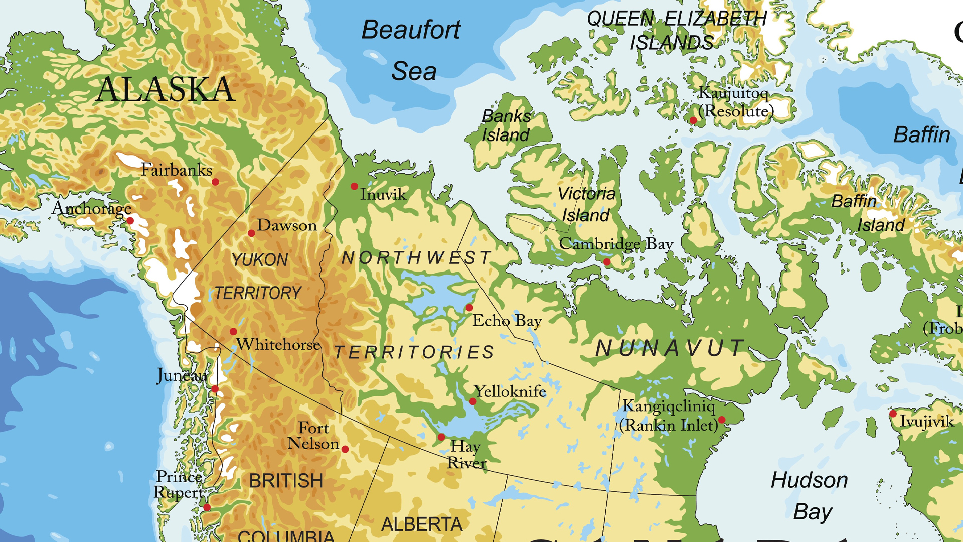 A map of Alaska and northern Canada showing the Beaufort Sea at the boundary between them.