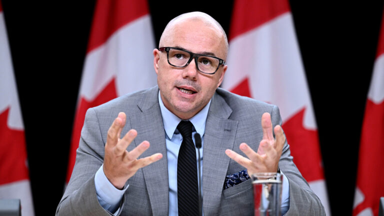 A man in a light grey suit gestures with his hands while sitting in front of Canadian flags.