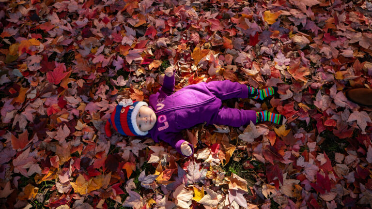 A baby in a purple suit with a red-and-blue tuque and multi-coloured socks lies on red fallen leaves.