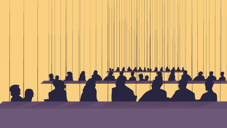 Illustration abstraite montrant les silhouettes sombres de personnes se concertant sur un fond jaune.