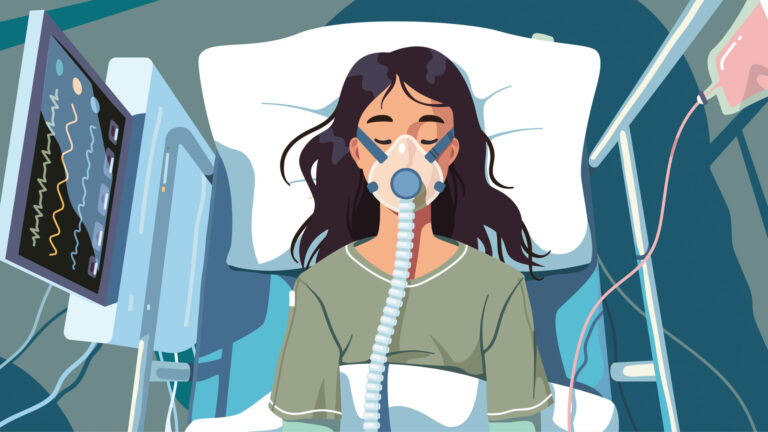 Illustration of a woman lying in a hospital bed. She’s on a ventilator, and her eyes are closed.