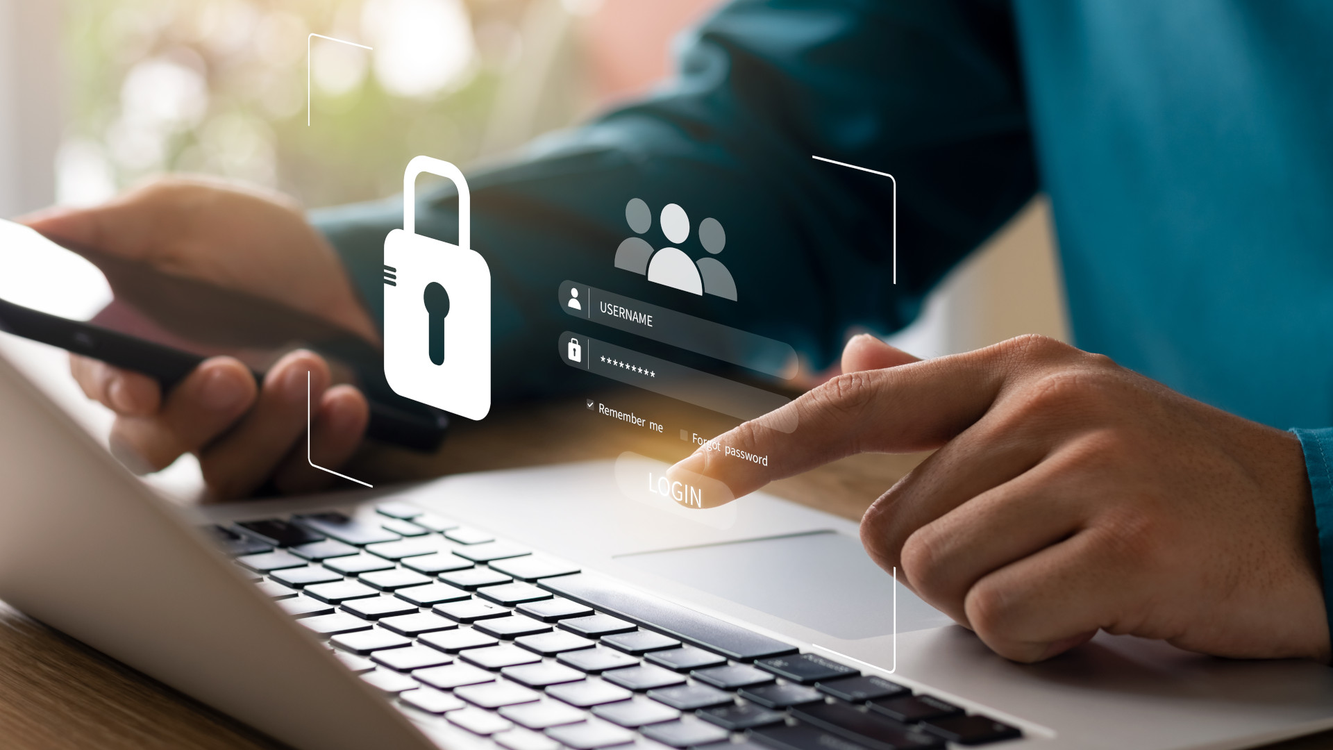 Illustrations of a key lock and sign-in fields hover over the keys of a laptop.