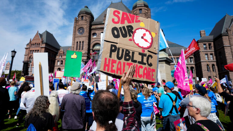 Dozens of people stand in front of the ornate, brown stone buildings. Many hold signs that say things like “Save our public healthcare.”