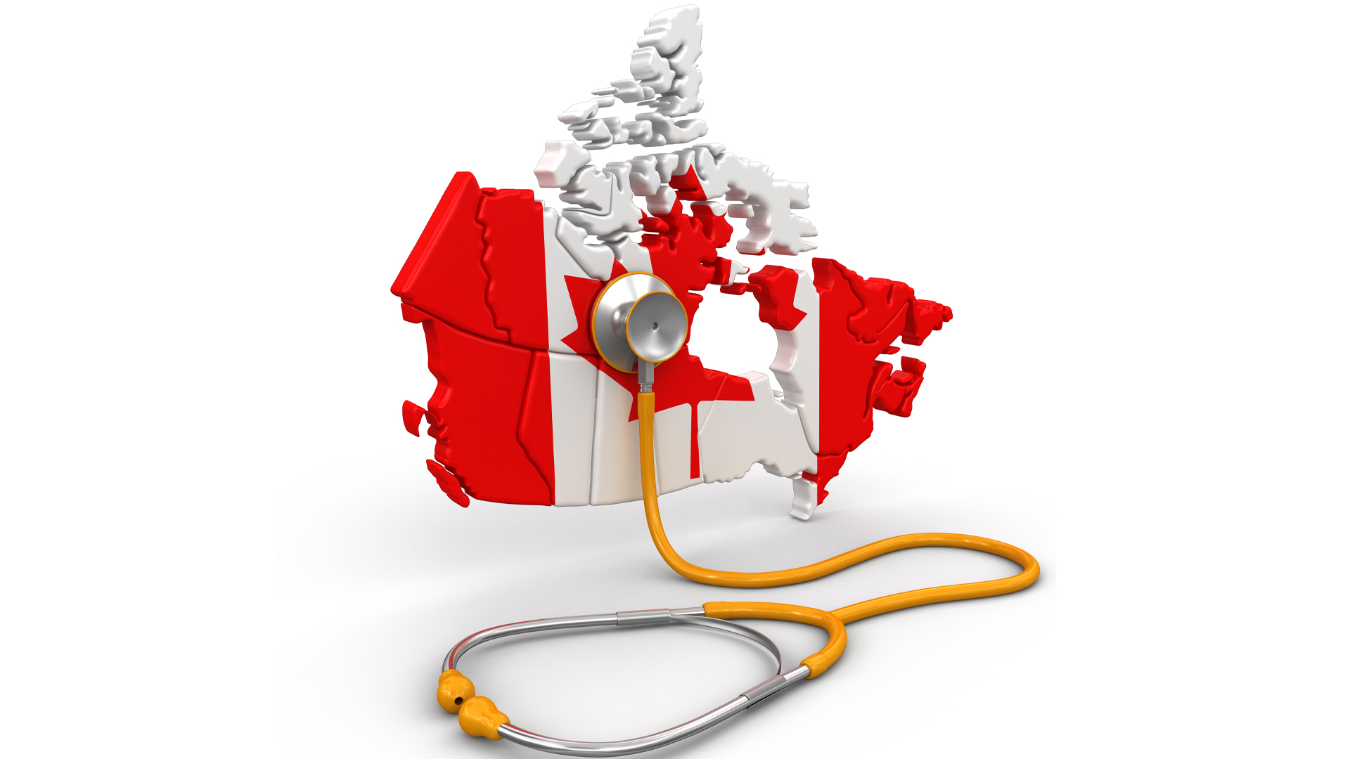 Un stéthoscope prend le pouls d’une représentation de la carte du Canada imitant son drapeau rouge et blanc, avec une feuille d’érable au milieu.