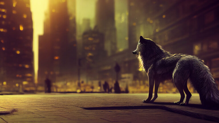 Illustration of a single wolf standing on a wide-open city street at night, looking at the towers twinkling in the distance. Part of the sky is bright yellow-orange.